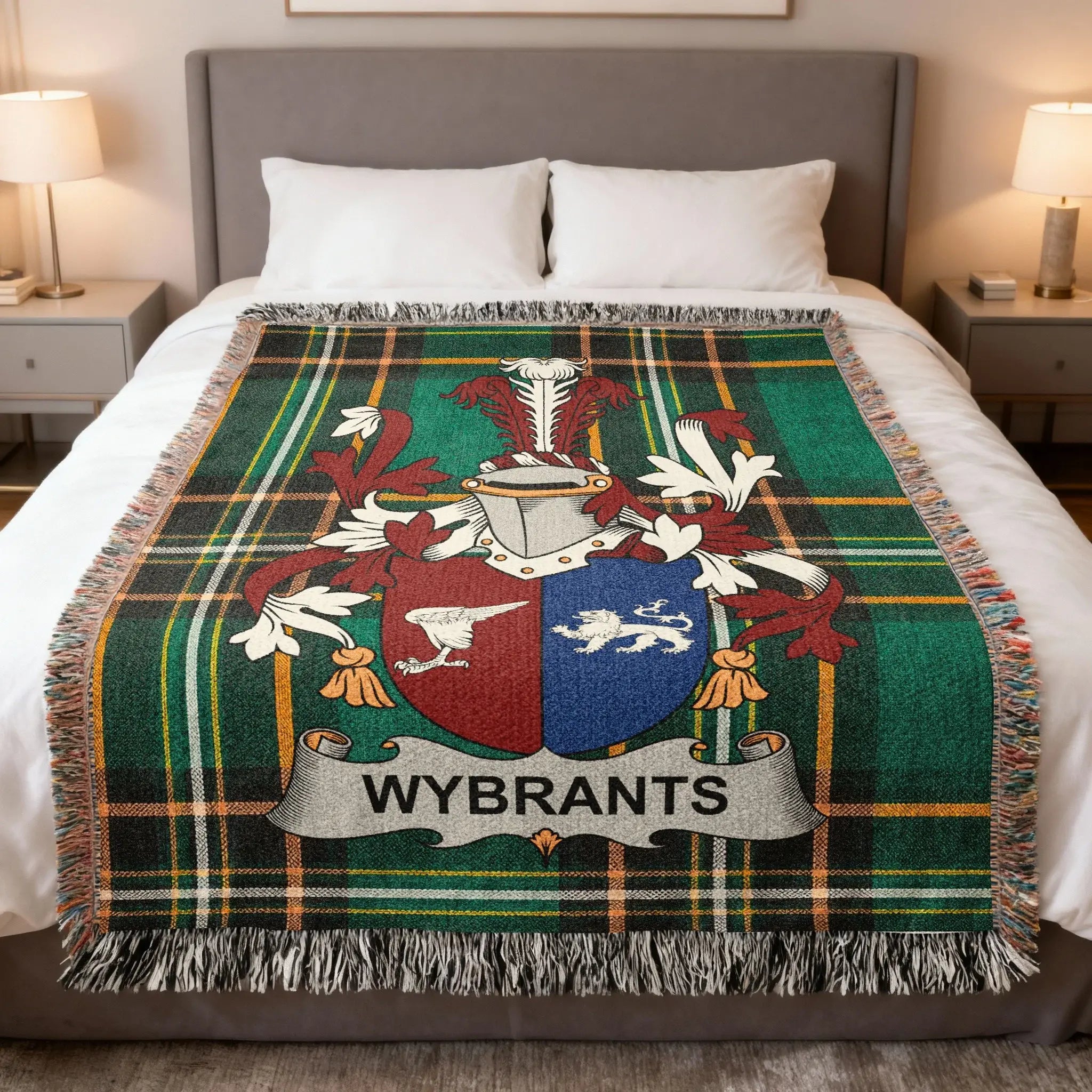 Wybrants family crest on a green tartan plaid blanket draped on a bed.