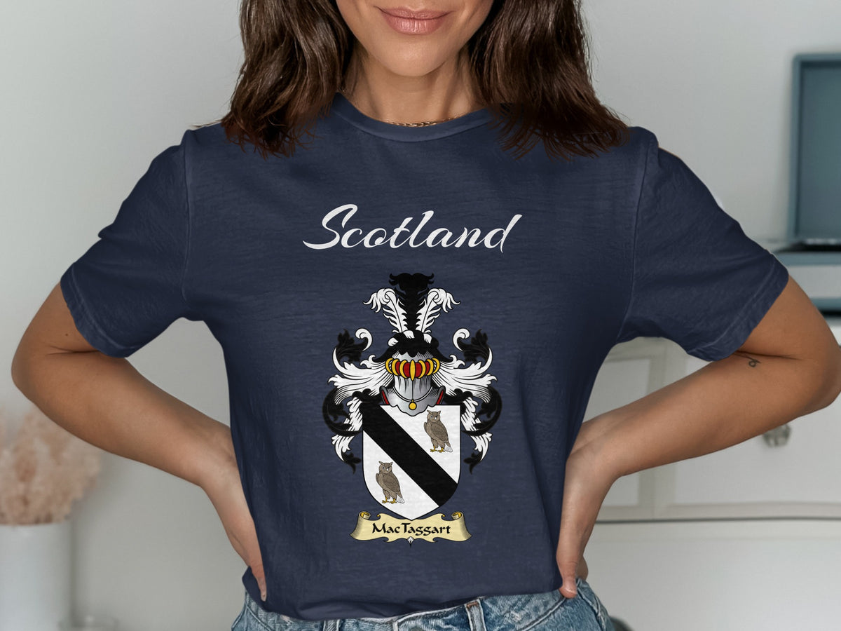 MacTaggart Scottish family shield design on Navy T-shirt