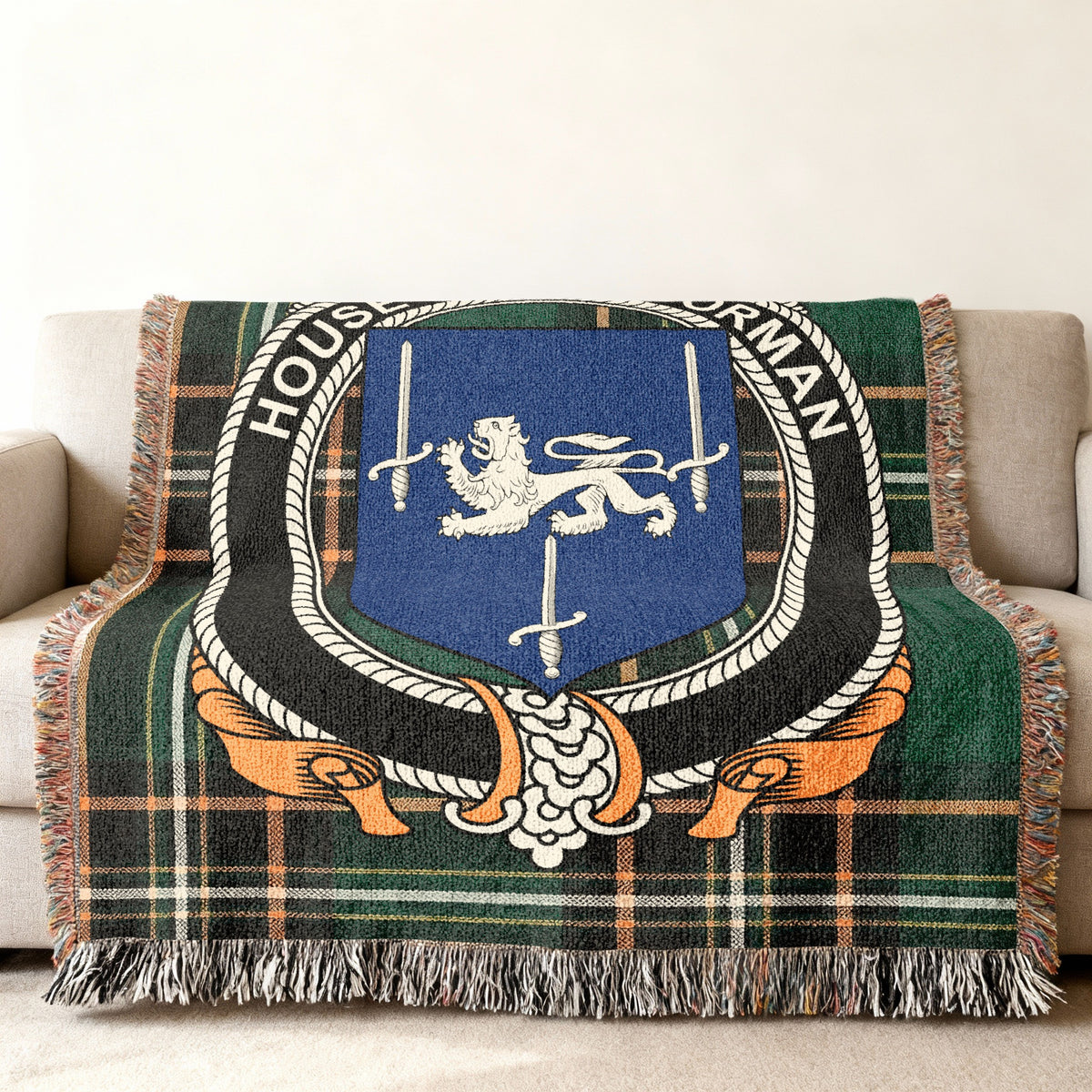 MacGorman Irish National Tartan woven blanket displayed on a sofa