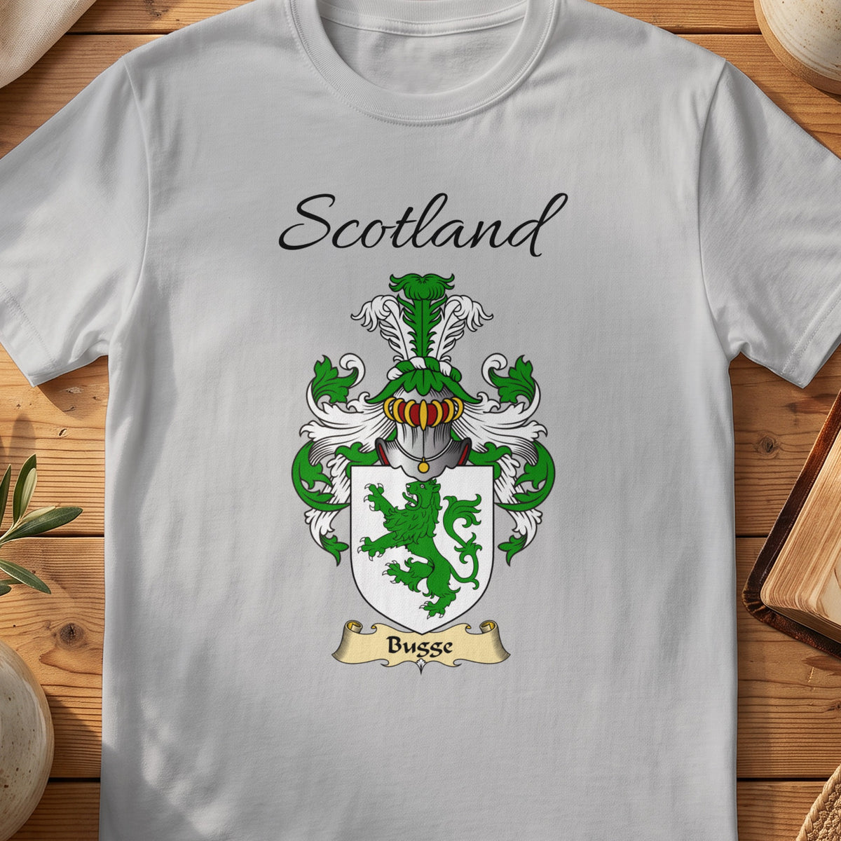 Sport Grey Bugge Scottish family shield T-shirt featuring a green lion on a white shield
