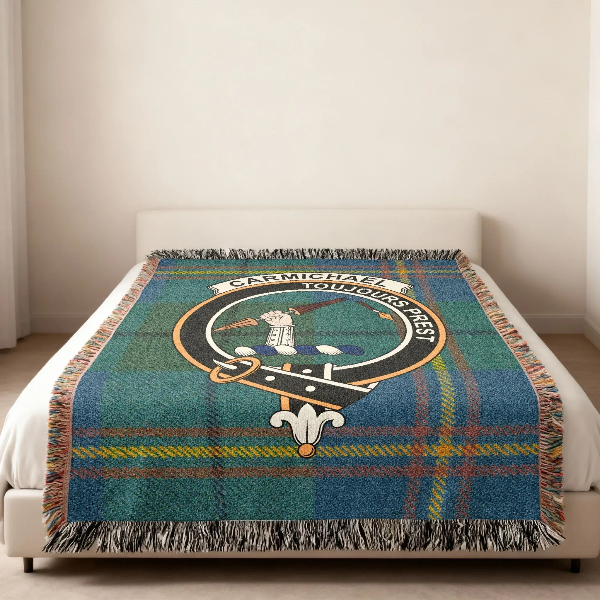 Carmichael clan crest toujours prest tartan blanket — heirloom quality cotton