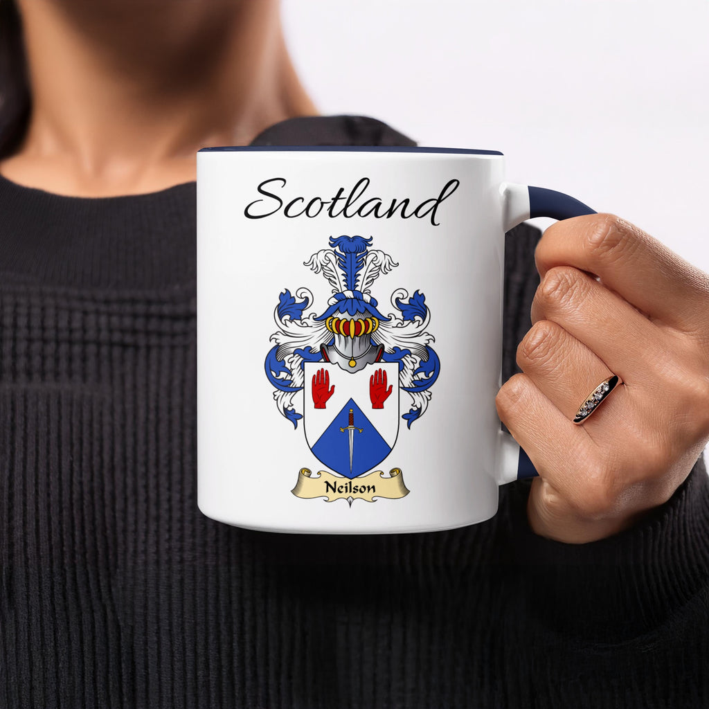 Neilson 11 oz Scottish family crest ceramic mug showing a Scotland-topped heraldic emblem