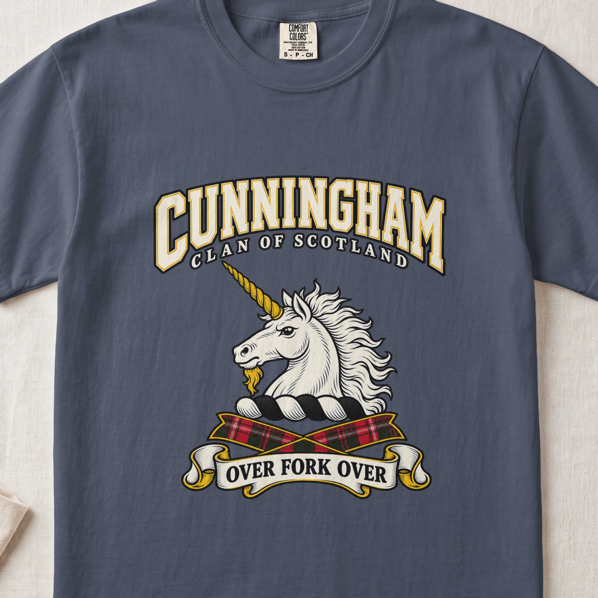 Cunningham Scottish clan graphic T-shirt in Midnight, front view