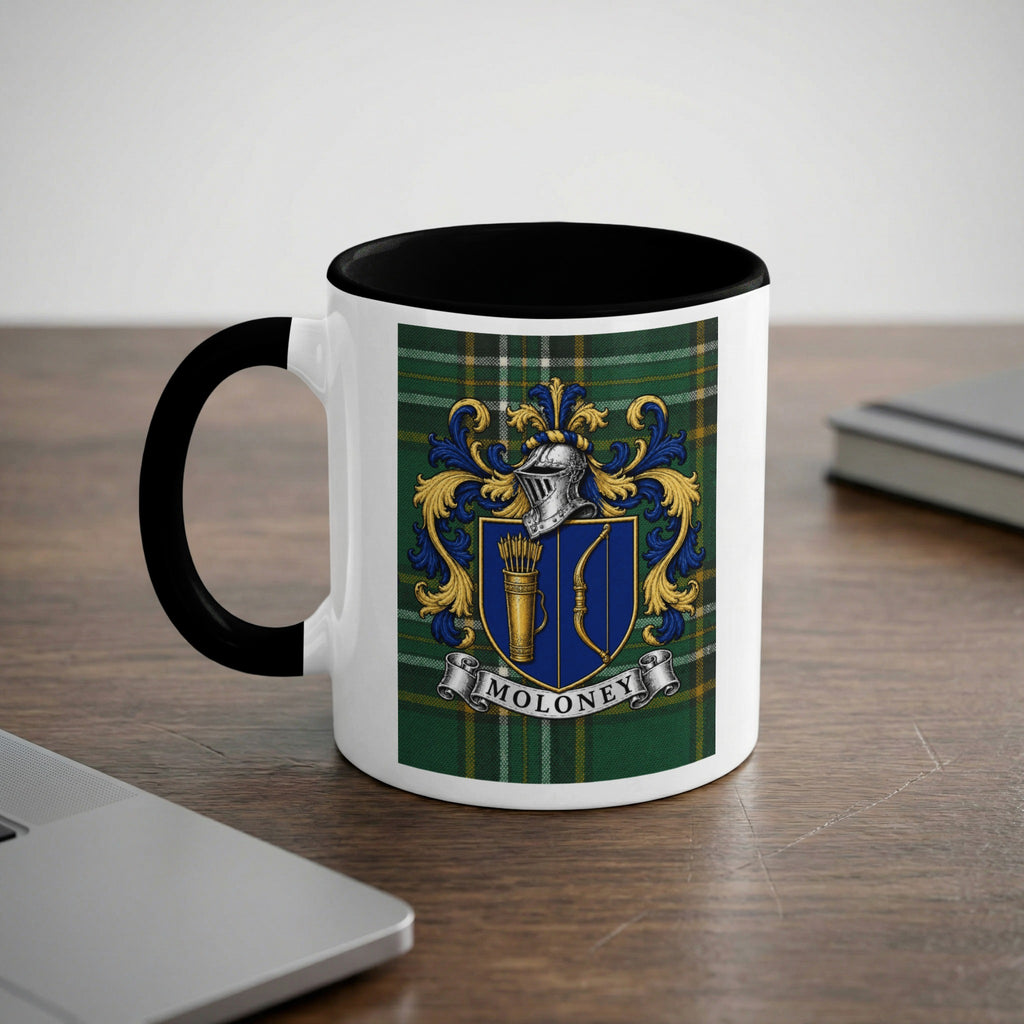 Moloney Irish family crest 11 oz ceramic mug with black handle, rim and Irish National Tartan