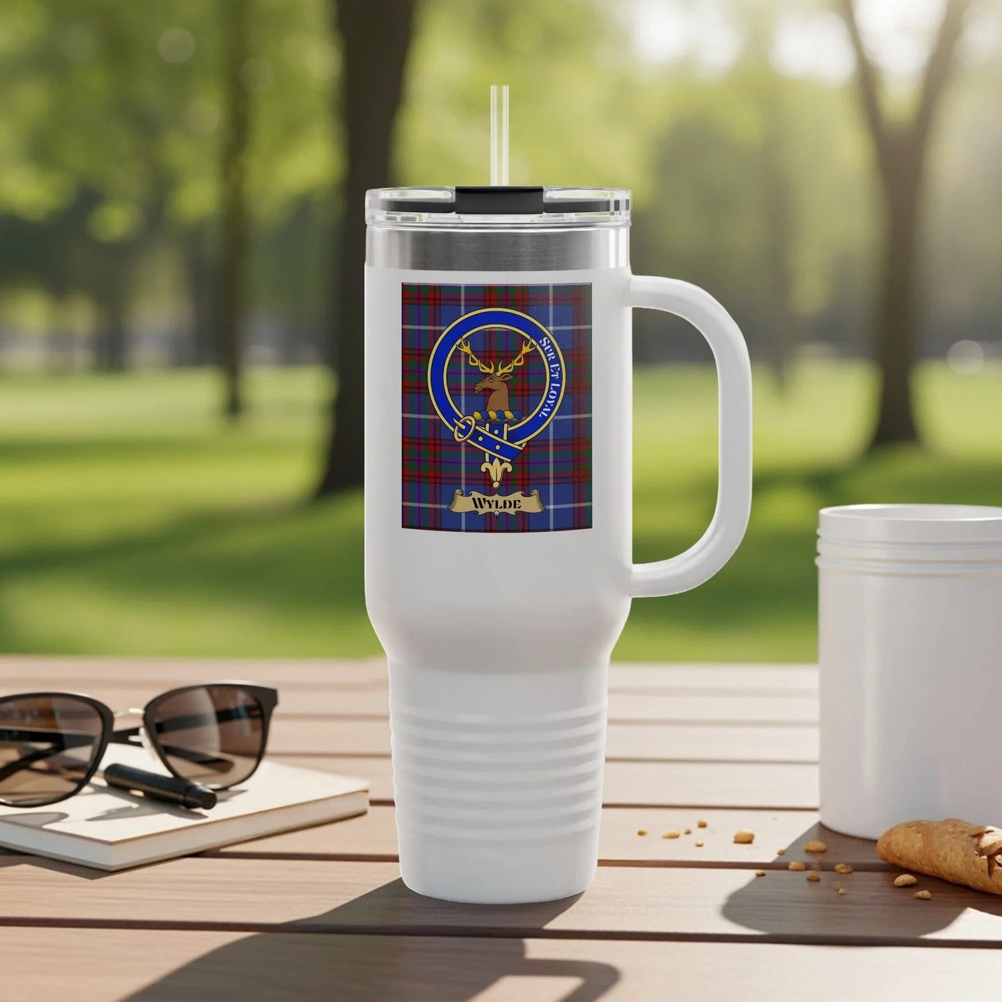 Highland Tartan Design White Travel Mug Product
