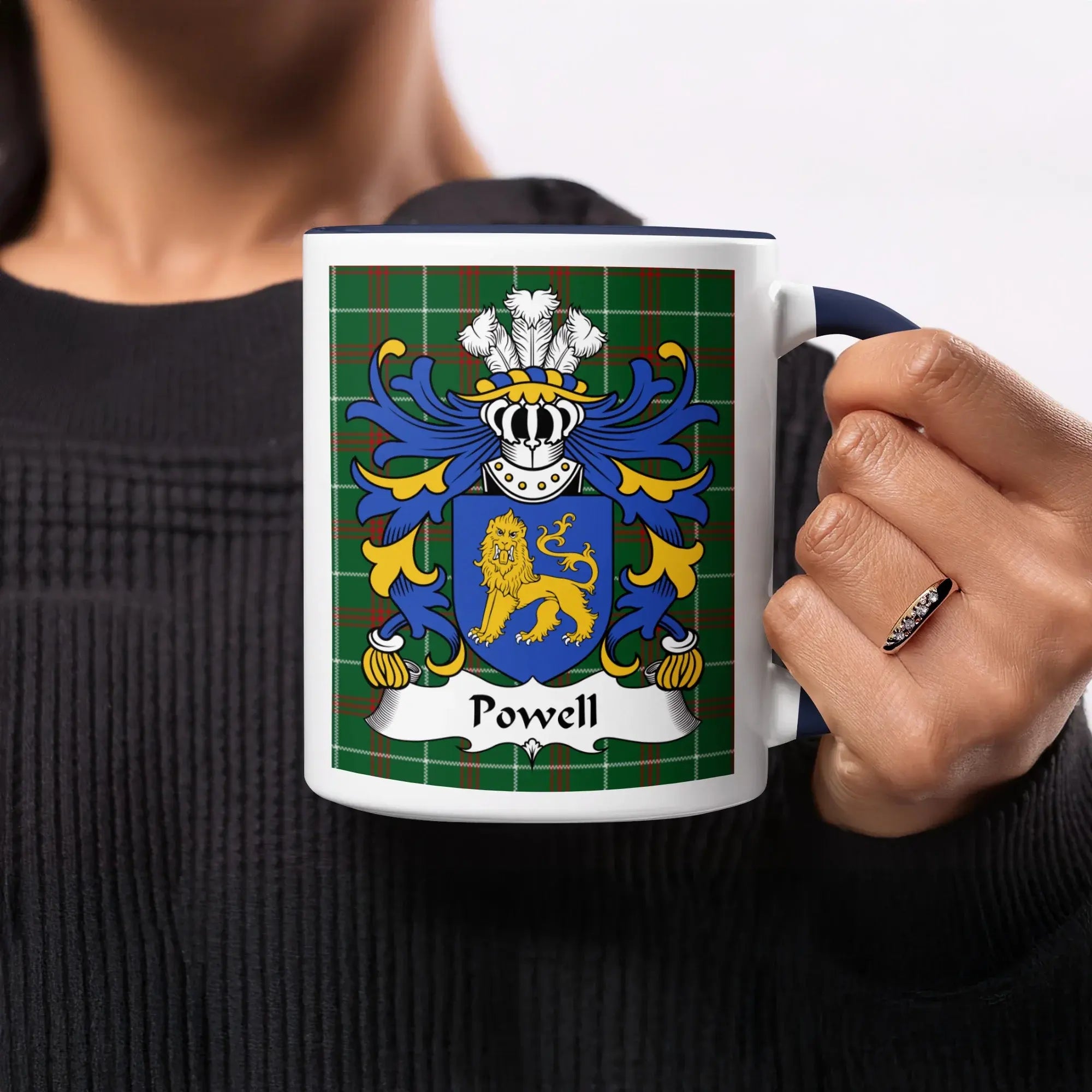 Powell Welsh ancestry gift mug with navy accent and coat of arms on National Tartan