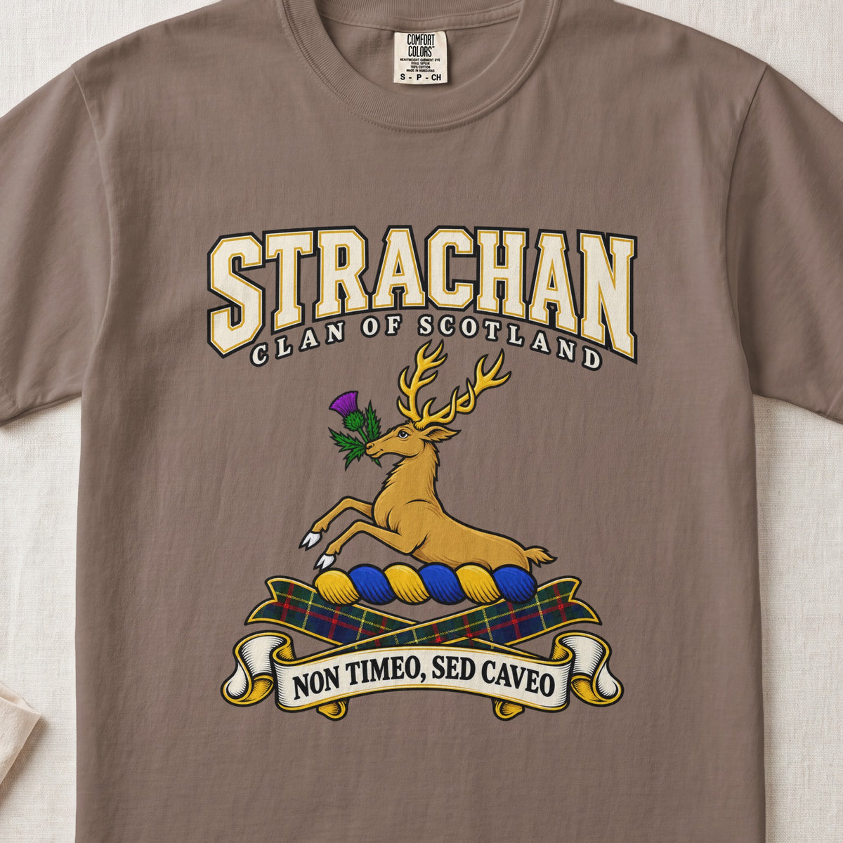 Strachan Scottish clan graphic T-shirt in Espresso, front view