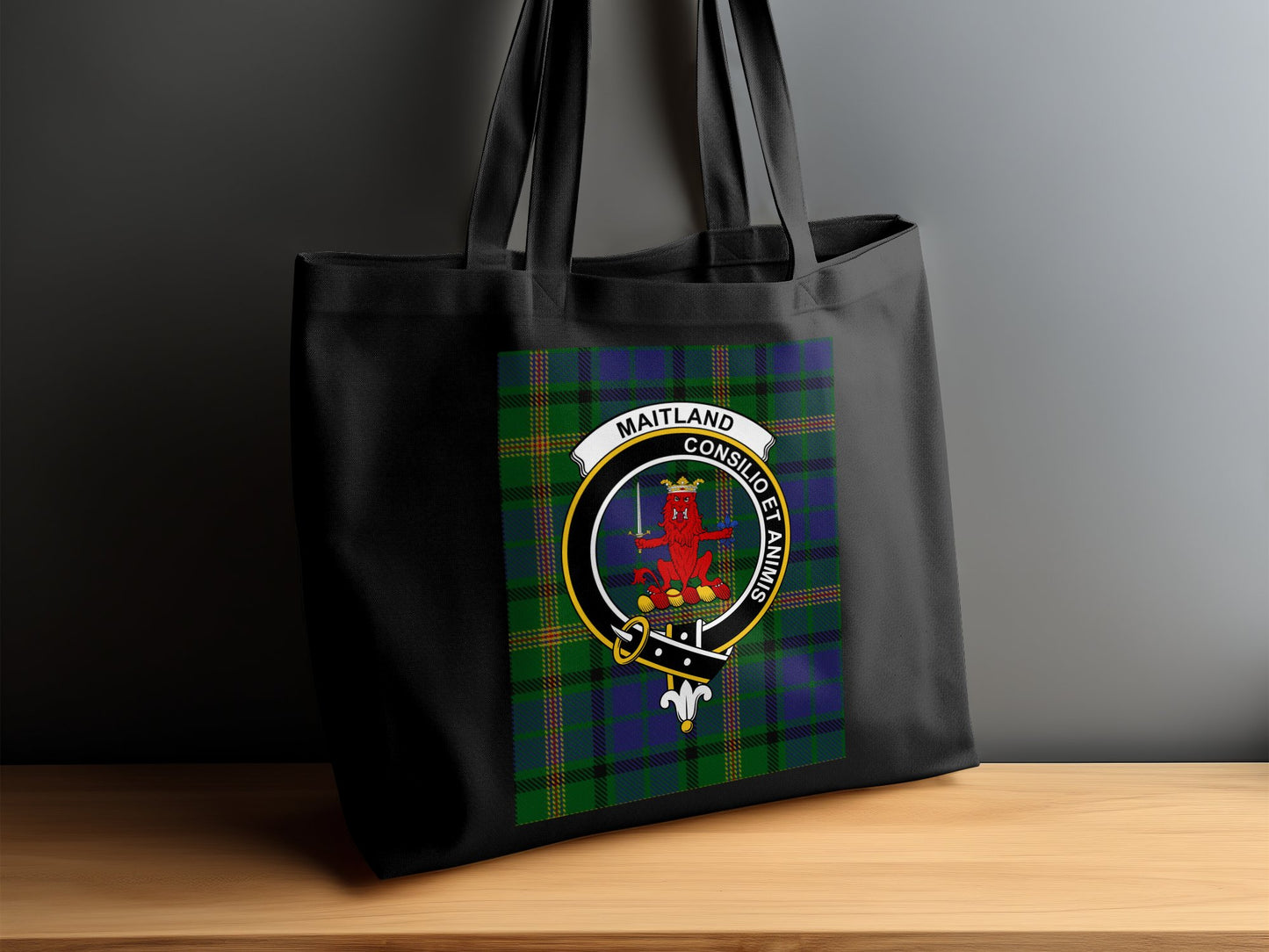 Scottish Clan Crest on Tartan Background Tote Bag - Living Stone Gifts