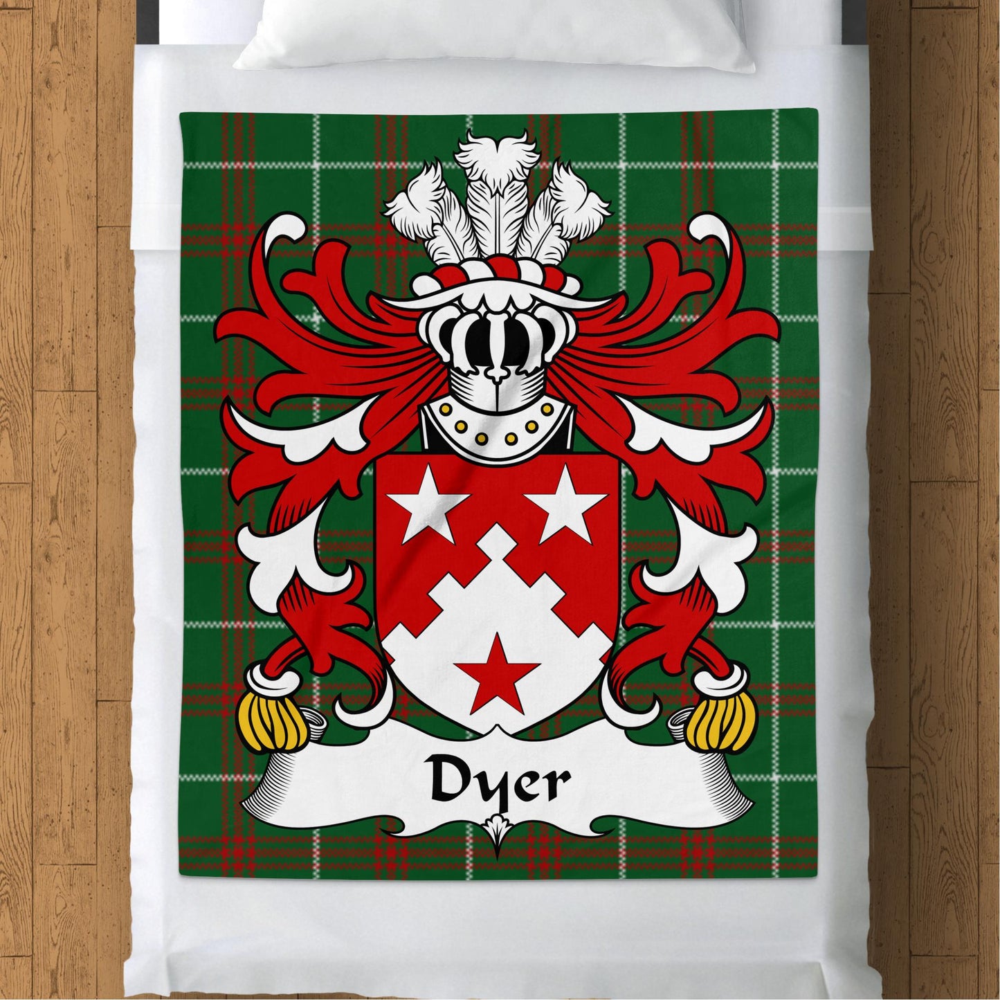 Dyer Coat of Arms on Welsh National Tartan Background Blanket - Living Stone Gifts