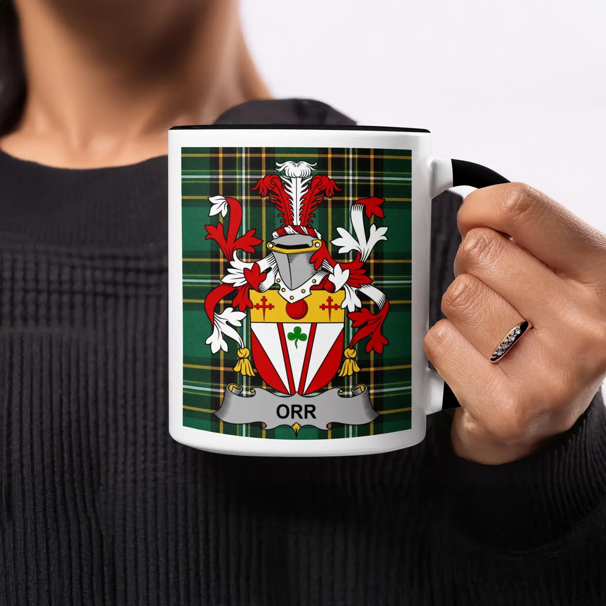 Orr black accent mug featuring Irish National Tartan and surname crest