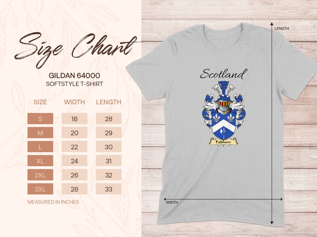 Gildan 64000 size chart for the Falshaw unisex T-shirt, sizes S to 3XL