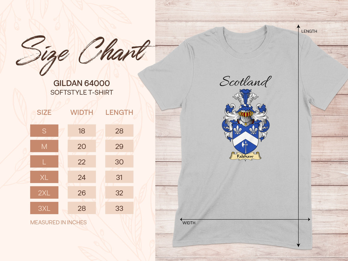 Gildan 64000 size chart for the Falshaw unisex T-shirt, sizes S to 3XL