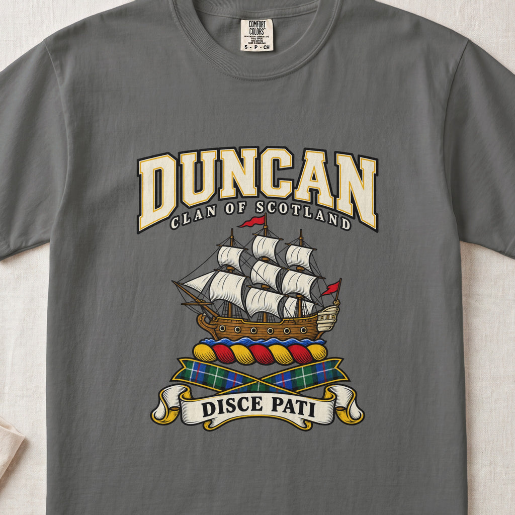Duncan Scottish clan graphic T-shirt in Pepper, front view