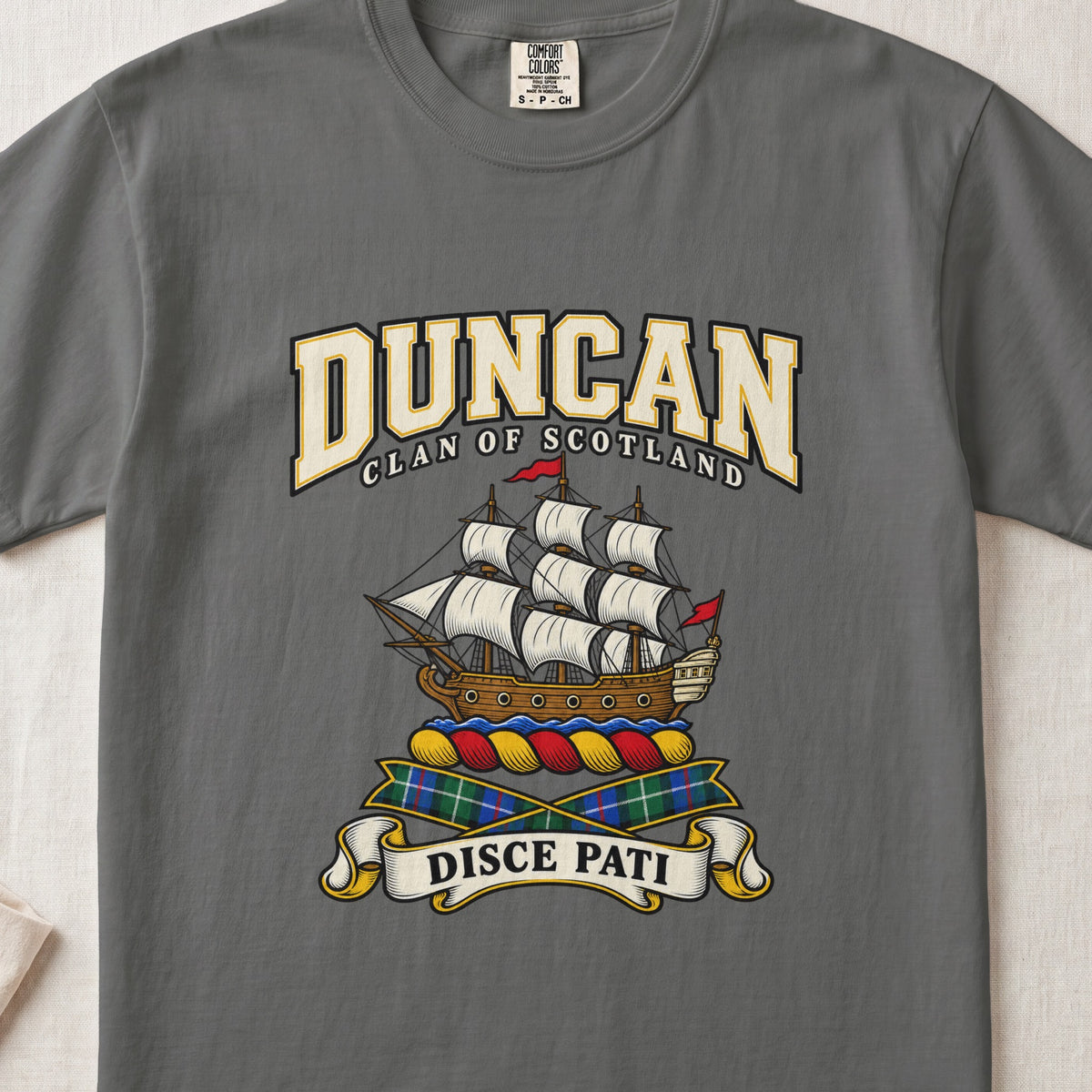 Duncan Scottish clan graphic T-shirt in Pepper, front view