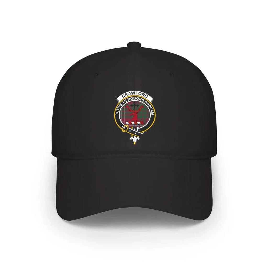 Crawford clan crest cap in black — stag heraldic design printed on cotton front panel