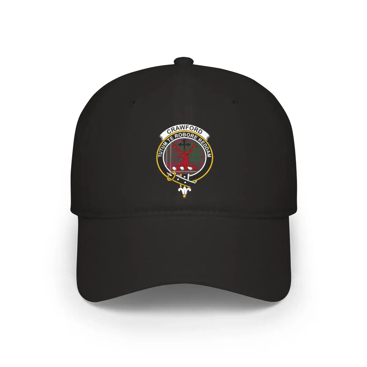 Crawford clan crest cap in black — stag heraldic design printed on cotton front panel
