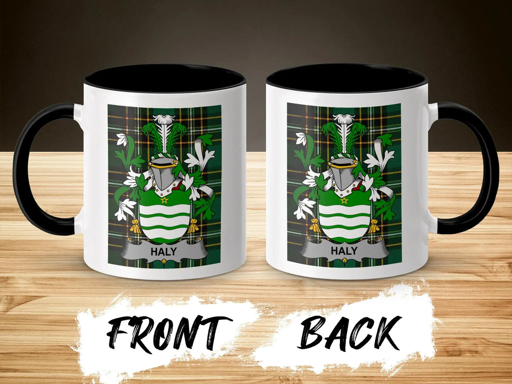 Two white mugs with black handles, each displaying the Haly coat of arms.