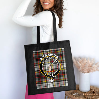 Blackadder Clan Crest on Tartan Background Tote Bag - Living Stone Gifts