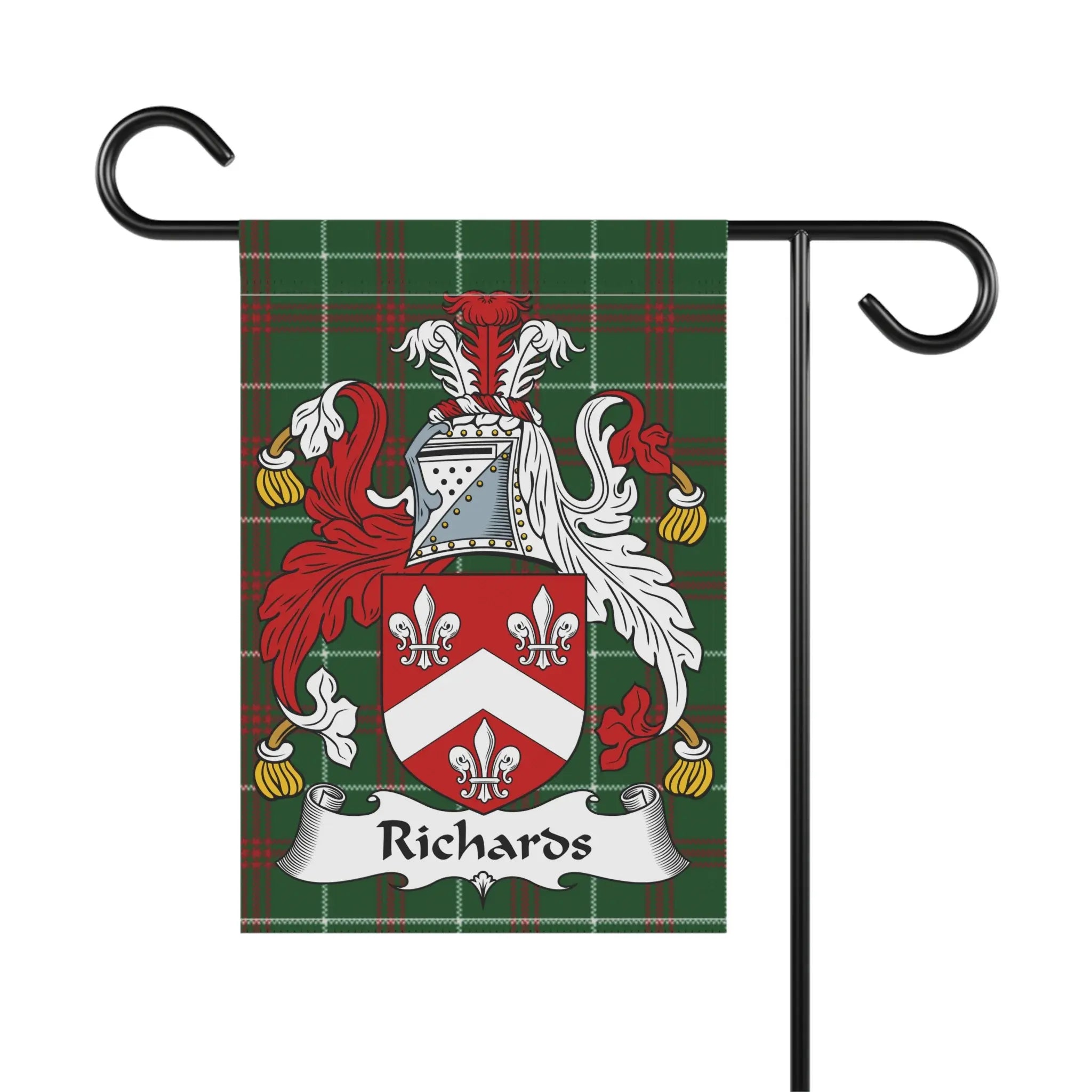 Richards family crest on a plaid garden flag hanging from a stand.