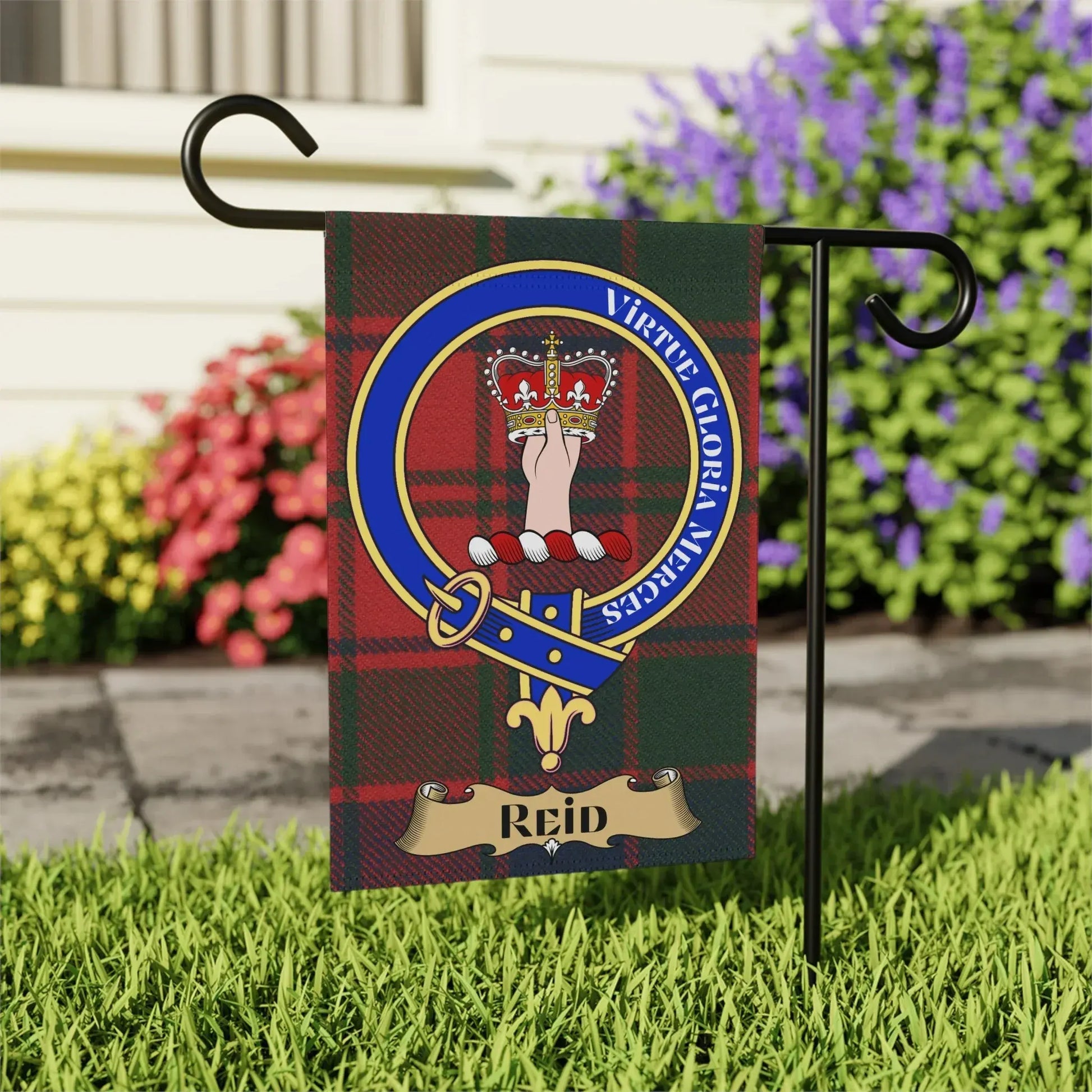Virtute Gloria Merces Reid Crest Tartan Garden Flag product