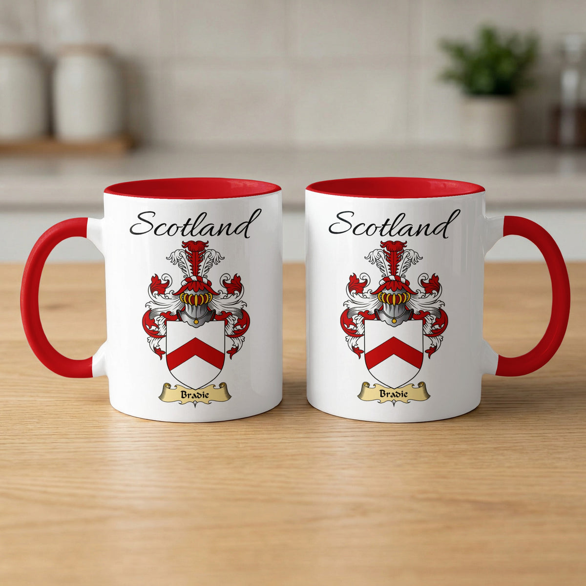 Bradie 11 oz Scottish family crest ceramic mug with a Scotland-topped heraldic emblem