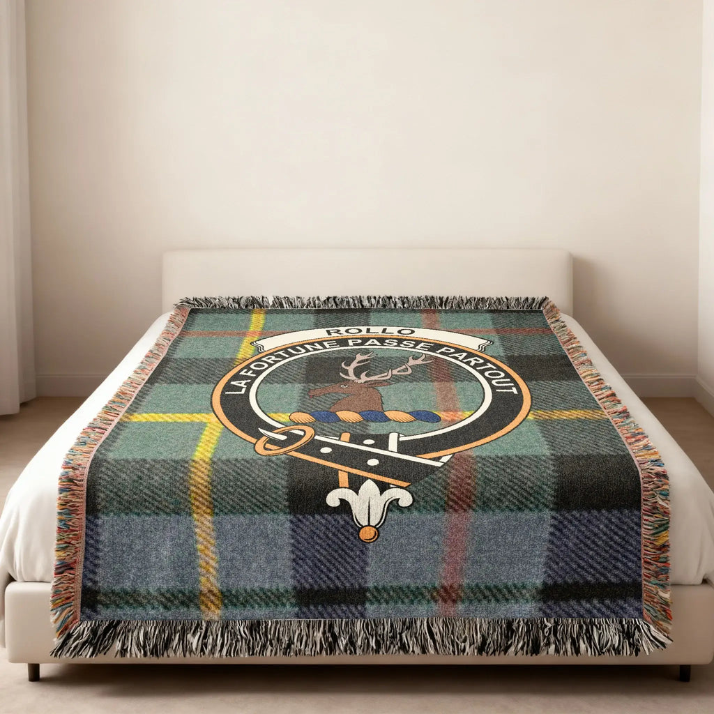 Clan Rollo La Fortune Passe Partout tartan heirloom woven blanket — crest and pattern woven in
