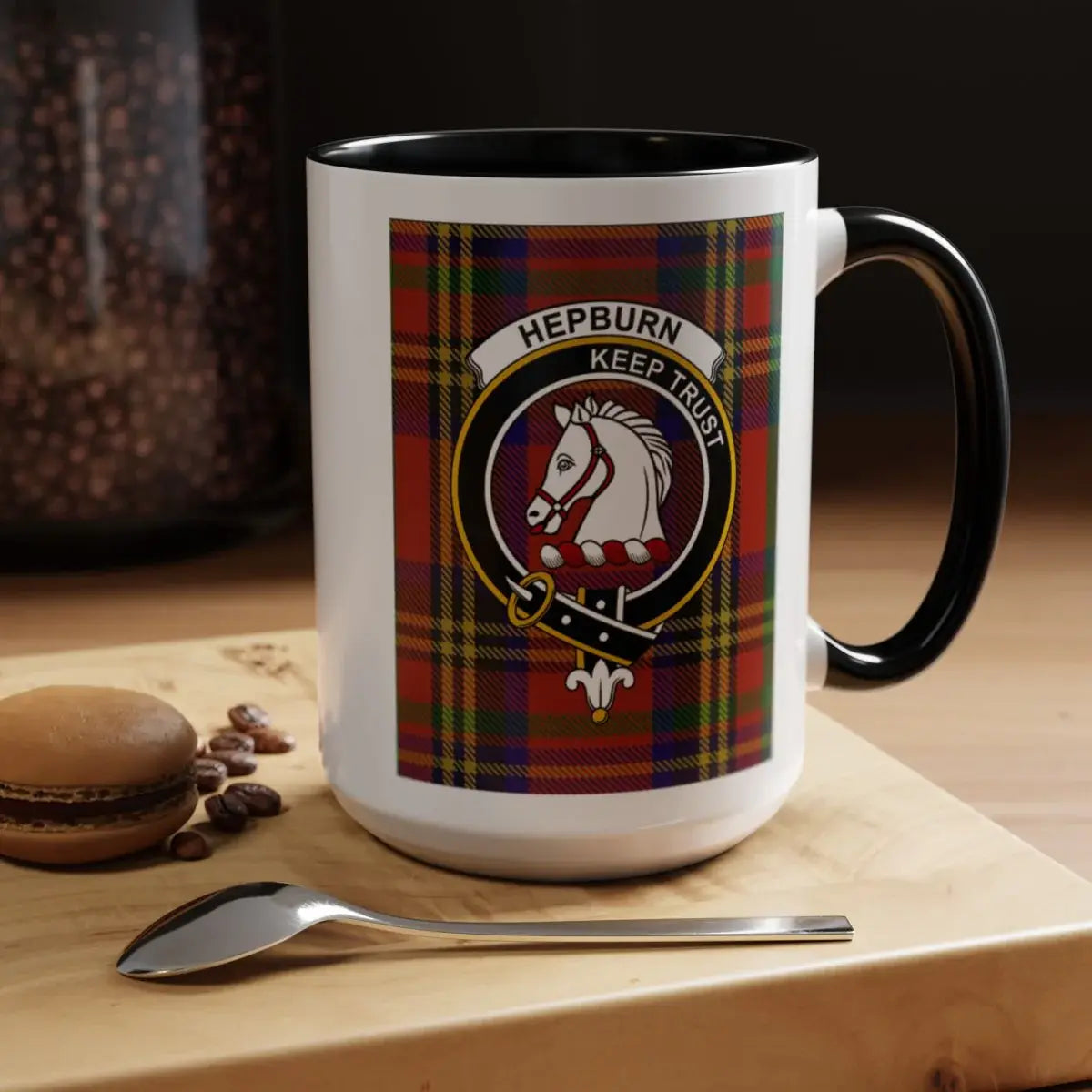 Hepburn clan crest tartan ceramic coffee mug — Keep Trust design, 11oz glossy white