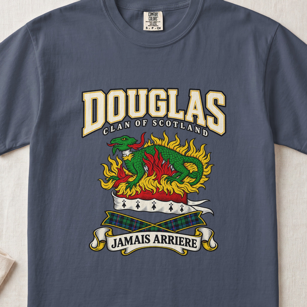 Douglas graphic T-shirt in Midnight blue, front flat lay showing varsity lettering and green salamander amid gold and red flames.