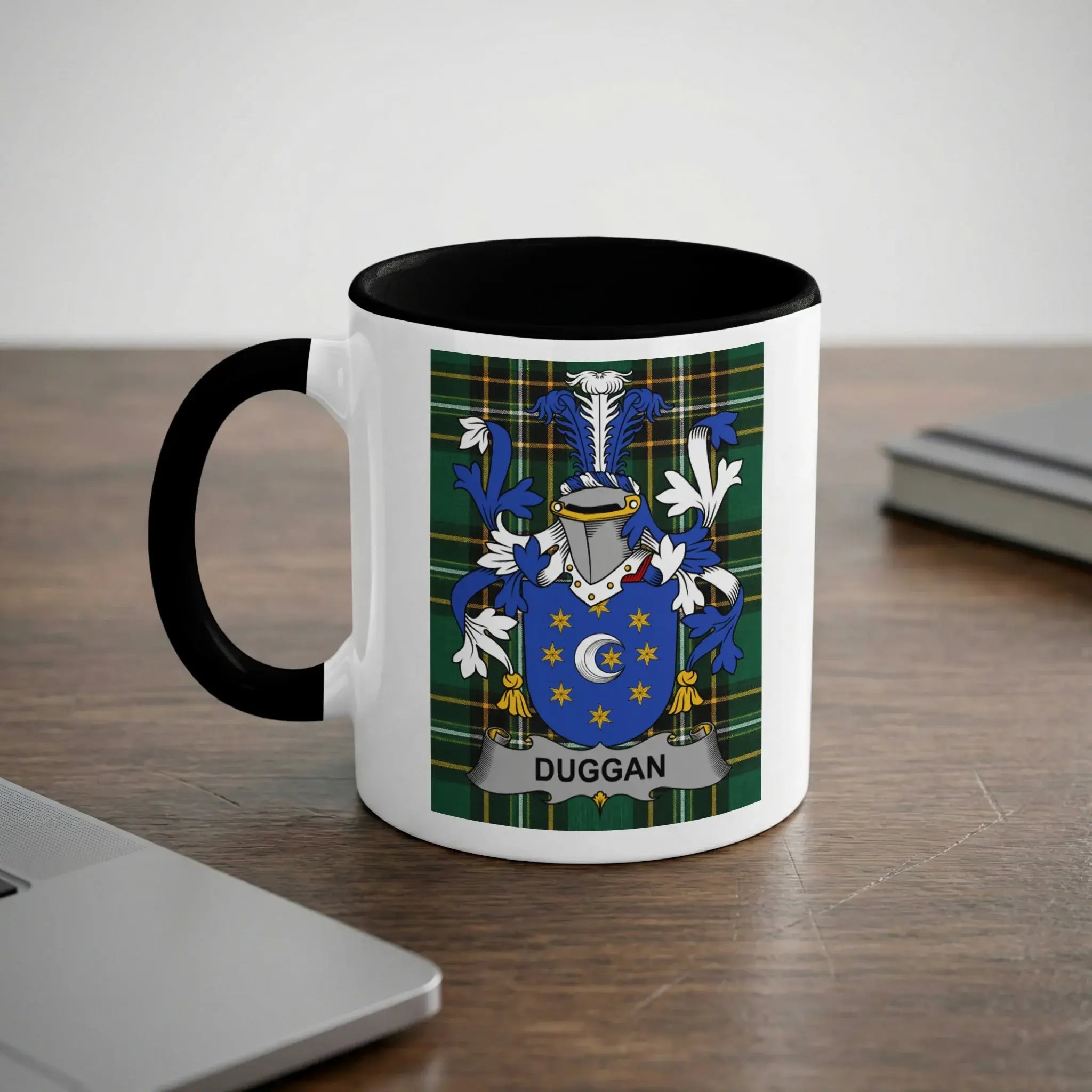 White mug with black rim featuring the DUGGAN coat of arms.