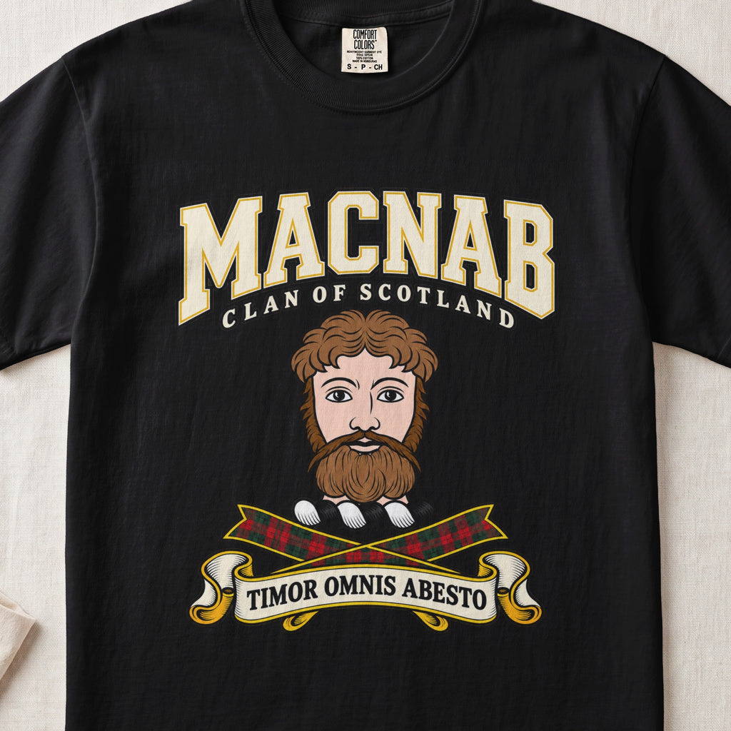 MacNab Scottish clan graphic T-shirt in Black, front view