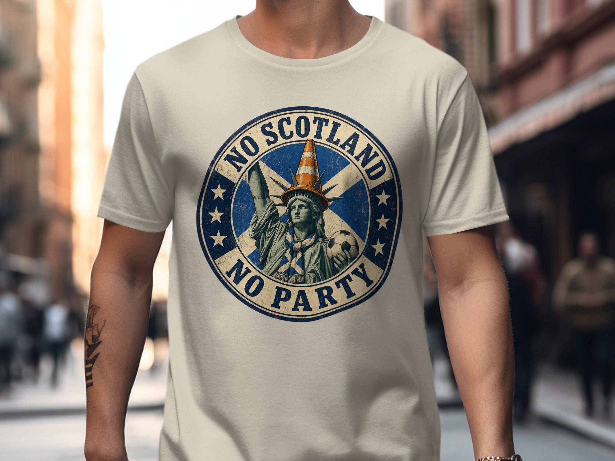 Statue of Liberty with a traffic cone on head and Scottish flag tie.