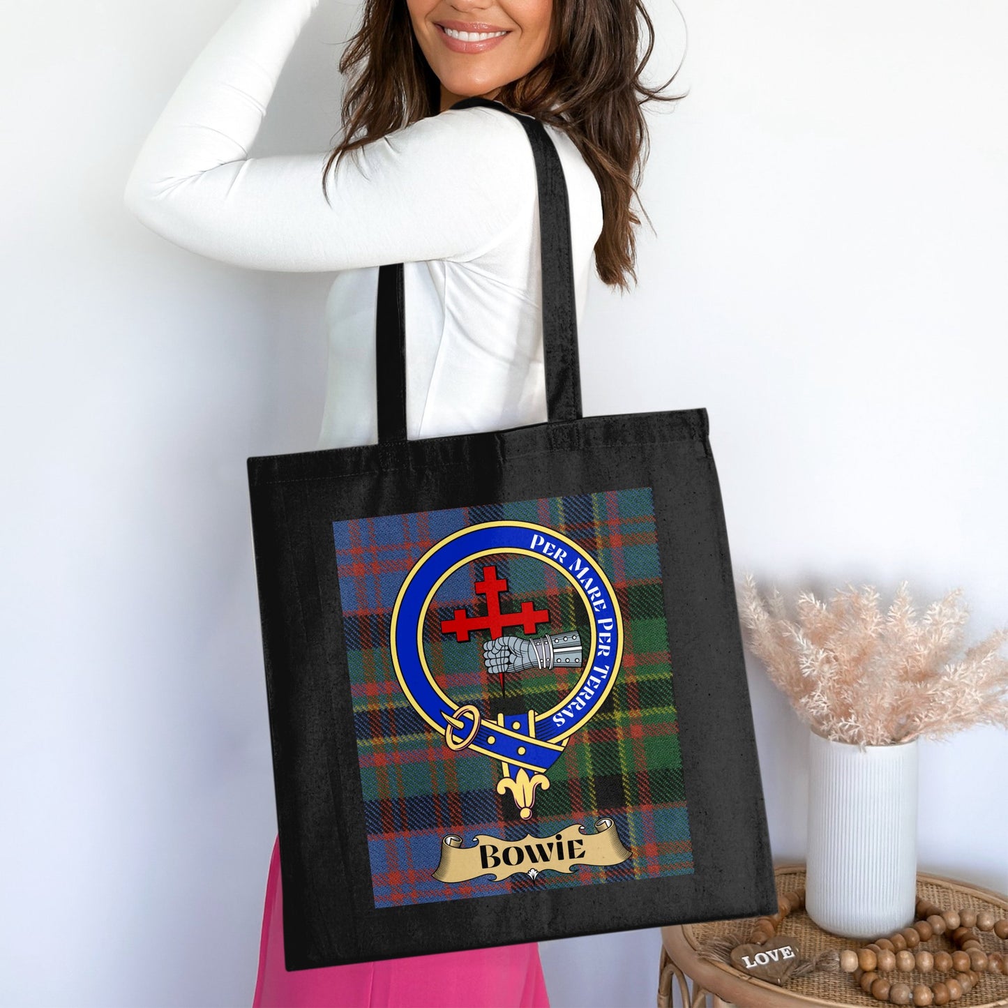 Bowie Clan Scottish Tartan Crest Tote Bag - Living Stone Gifts