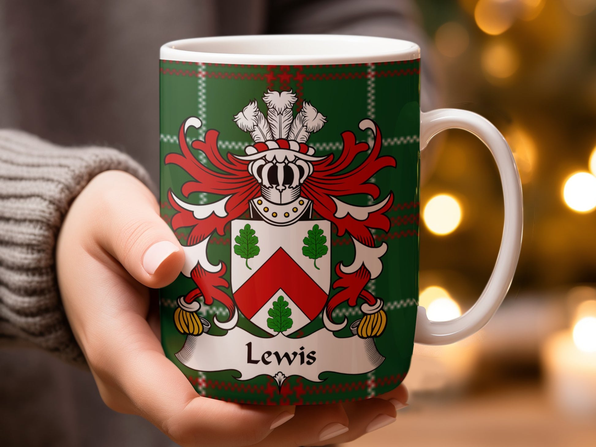 Lewis Surname Coat of Arms on Welsh Tartan Background Mug - Living Stone Gifts