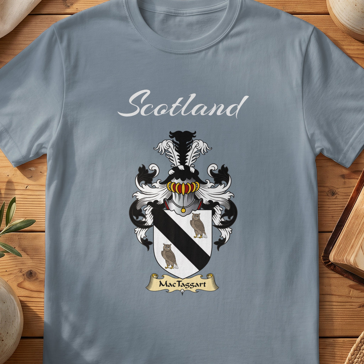 MacTaggart Scottish family shield T-shirt in Stone Blue