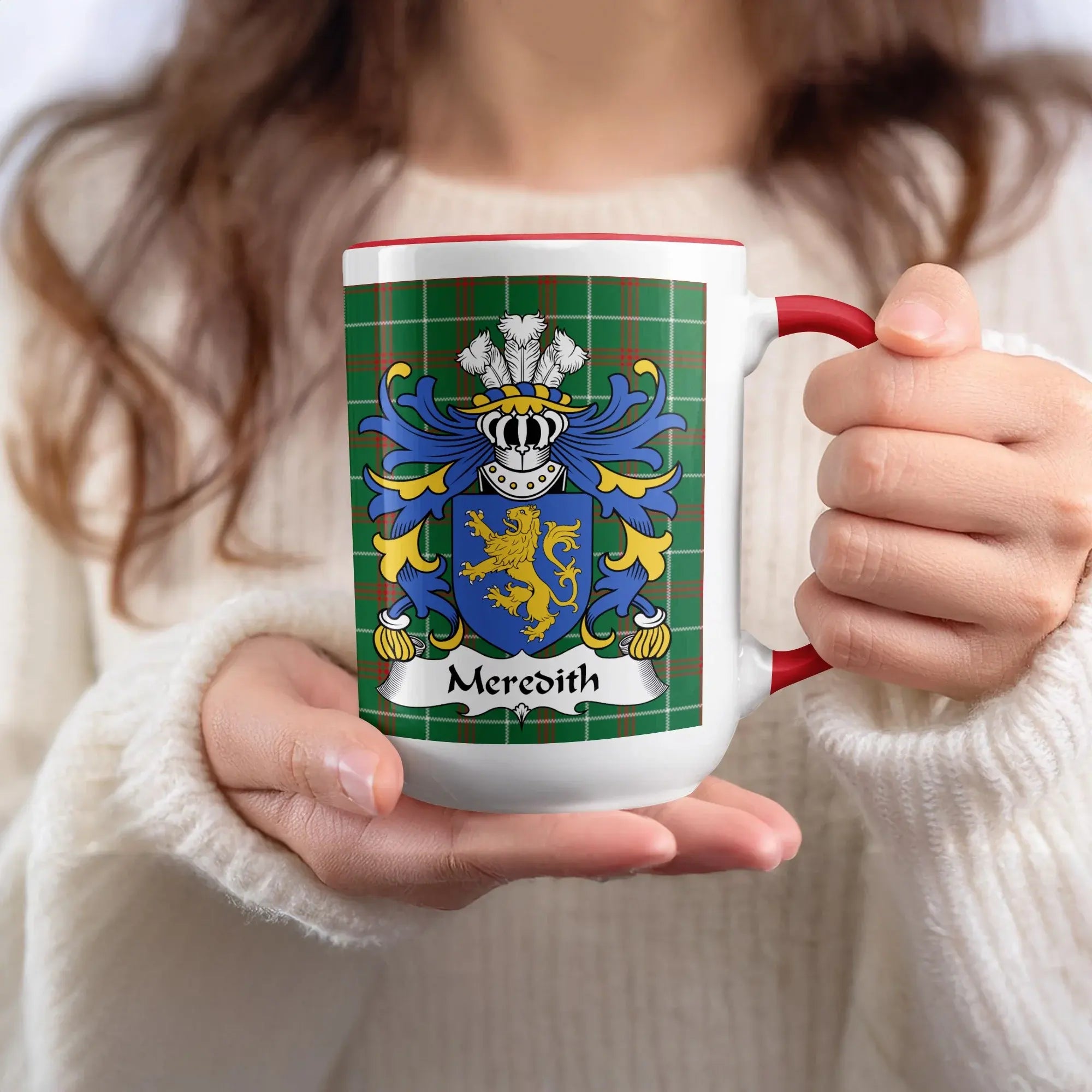Meredith Welsh family name mug with red accent and heraldic crest on tartan background