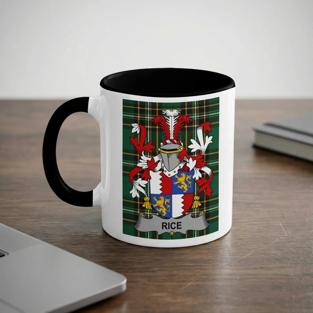 Rice Irish heritage mug with black interior and family crest
