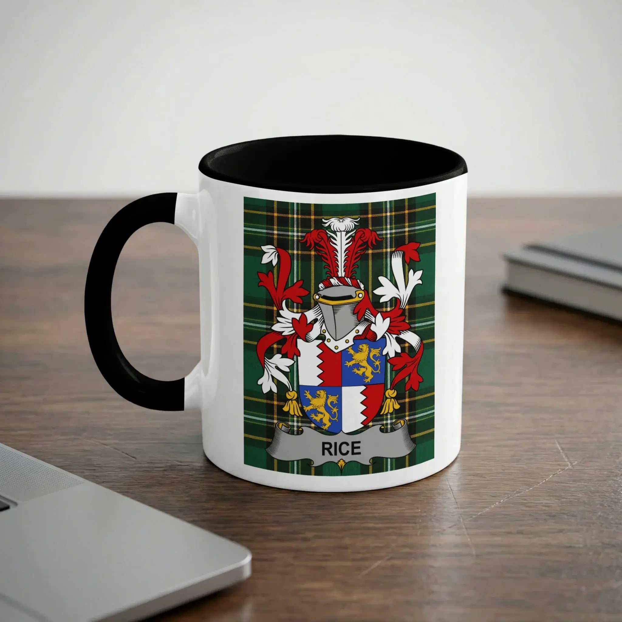 Rice Irish heritage mug with black interior and family crest