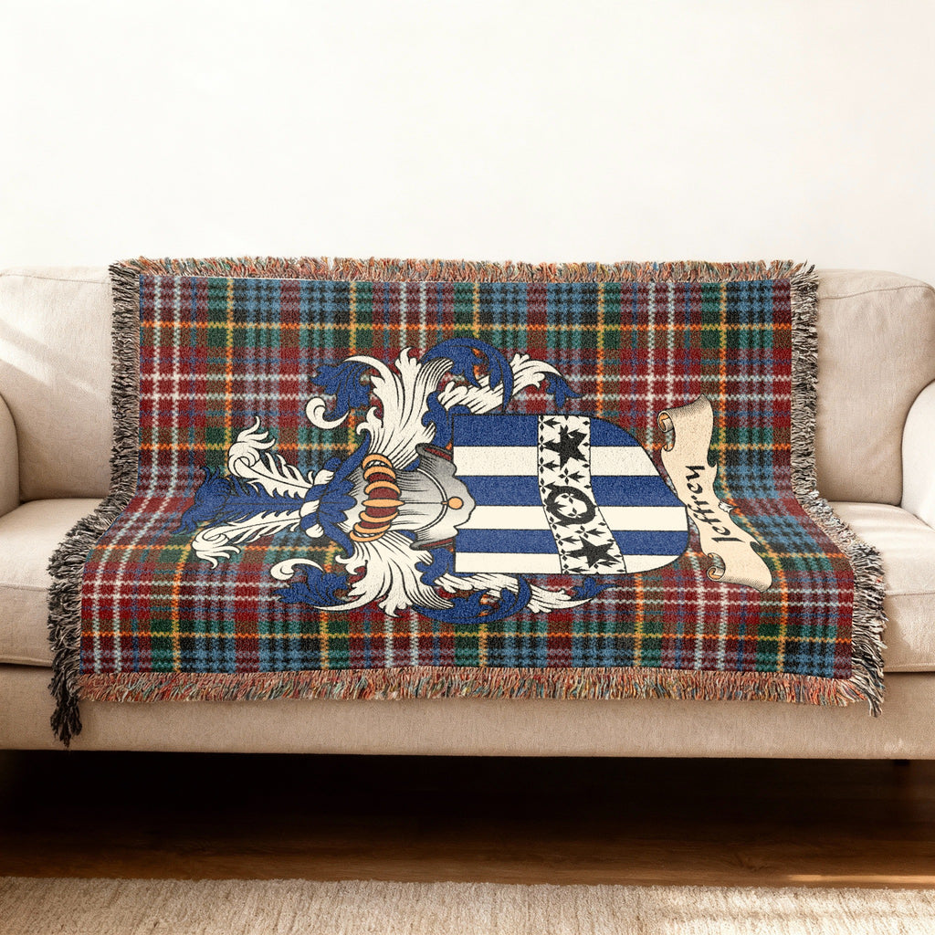 Jeffrey Scottish woven blanket with family shield and Caledonia tartan background
