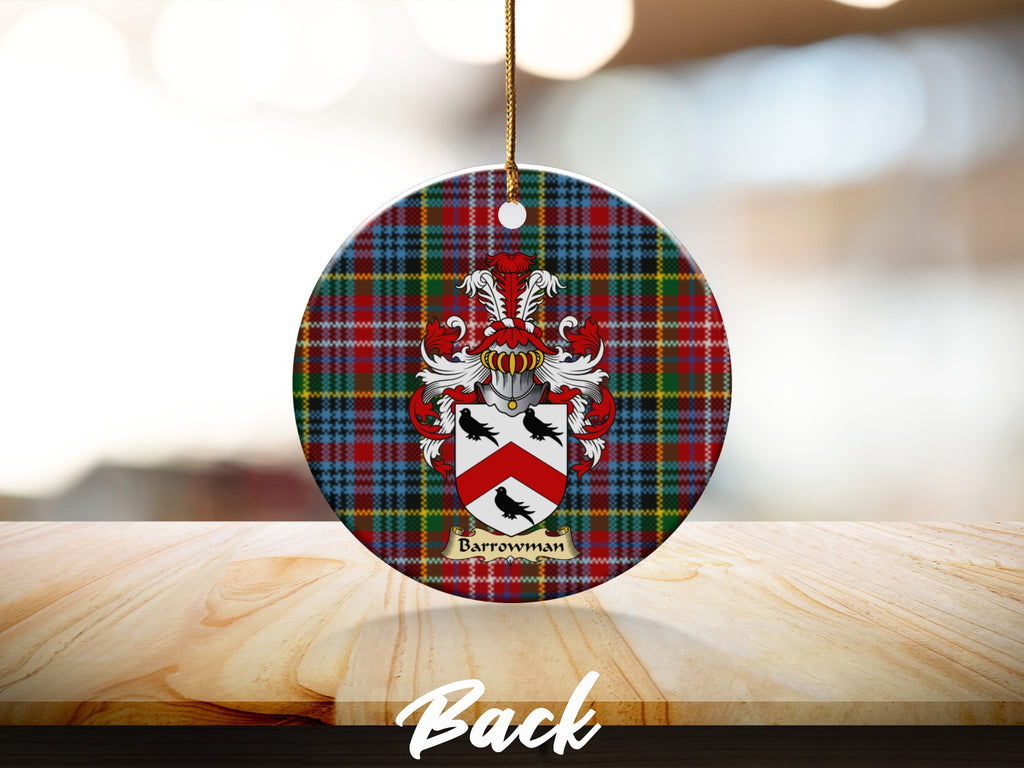 Round Barrowman Scottish clan ornament with family crest on a Caledonia tartan background