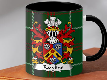 Rawlins Welsh Surname Coat of Arms on Tartan Background Mug - Living Stone Gifts