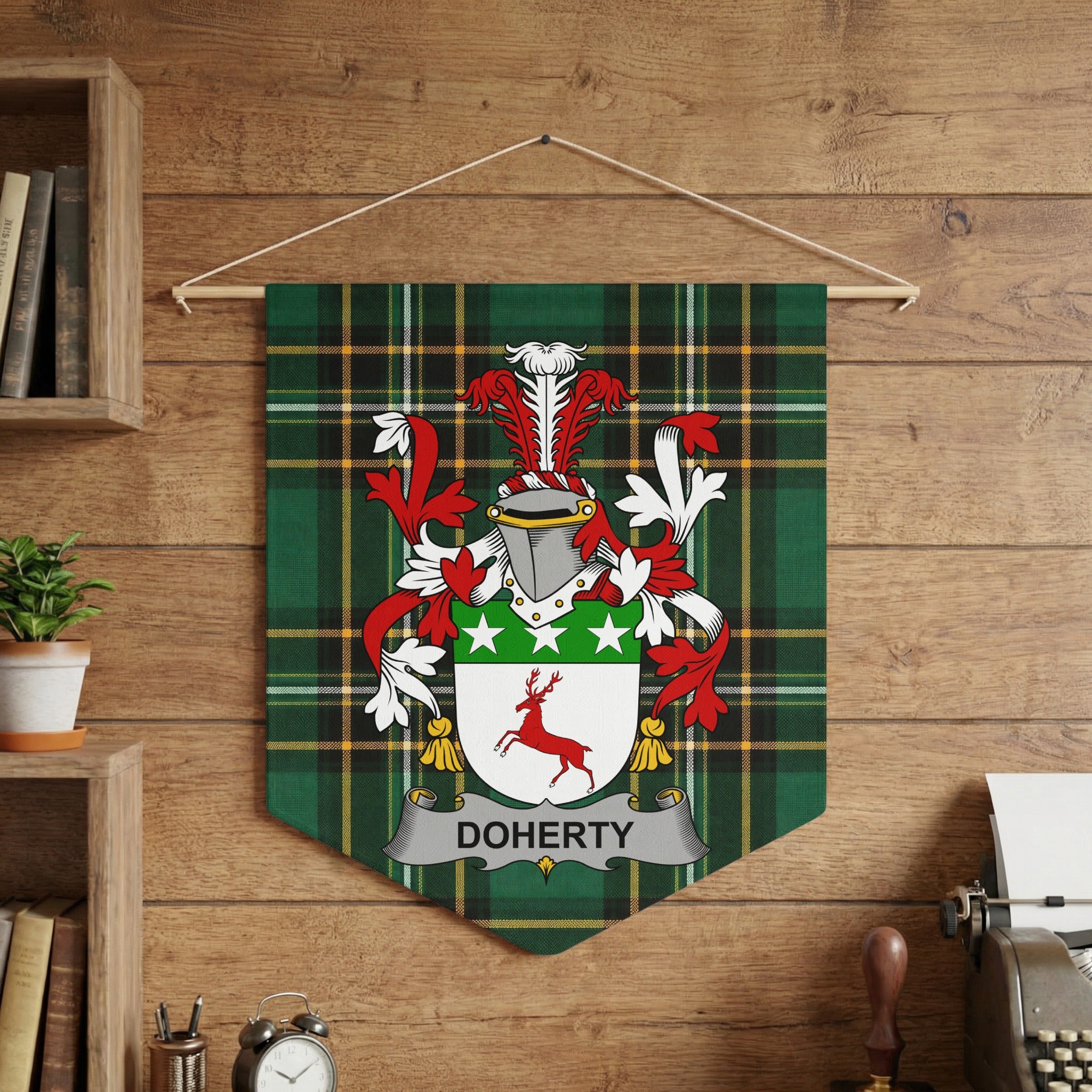 Doherty tartan pennant with crest featuring a red stag above a silver shield.