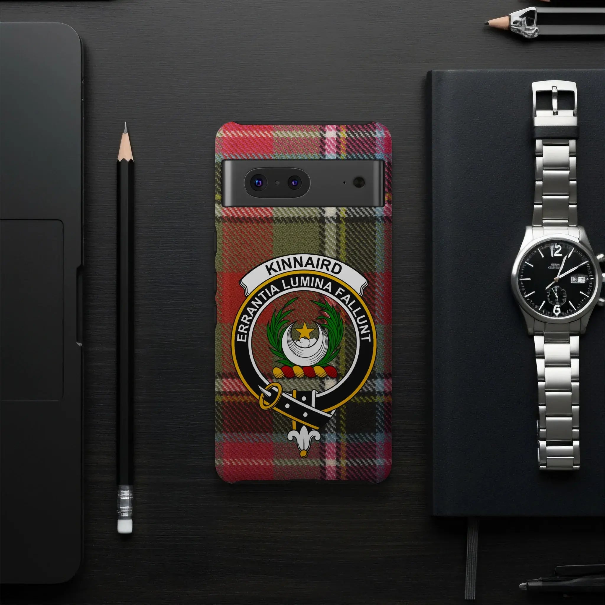 Clan Kinnaird crest phone case — UV-resistant coating, full colour tartan wrap, multiple device options