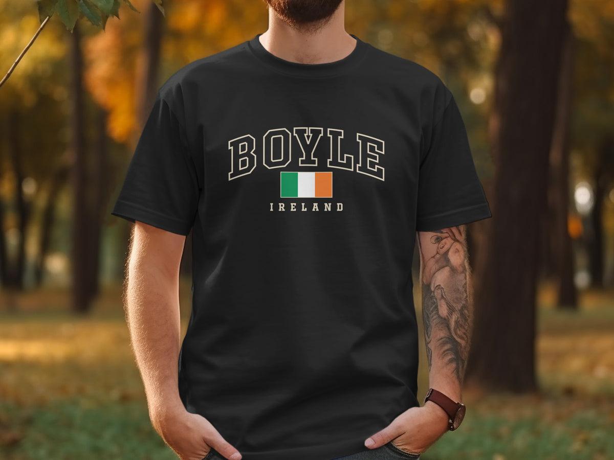 Black t-shirt with "BOYLE IRELAND" and Irish flag graphic.