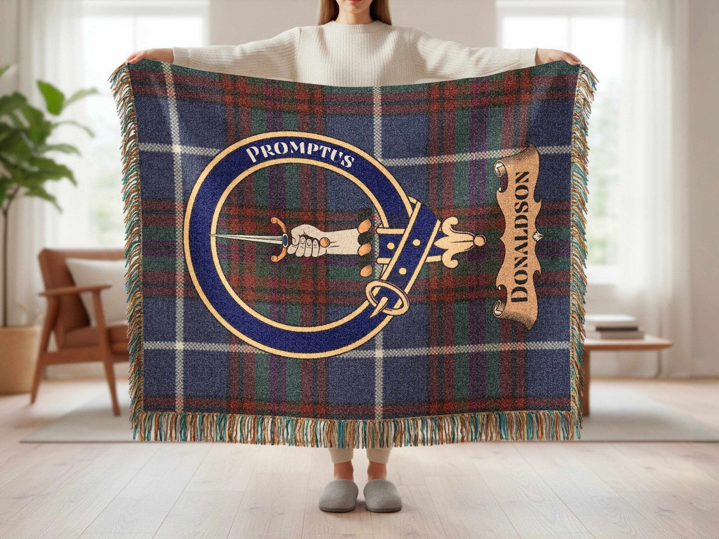 Donaldson clan crest woven blanket held up showing full tartan design