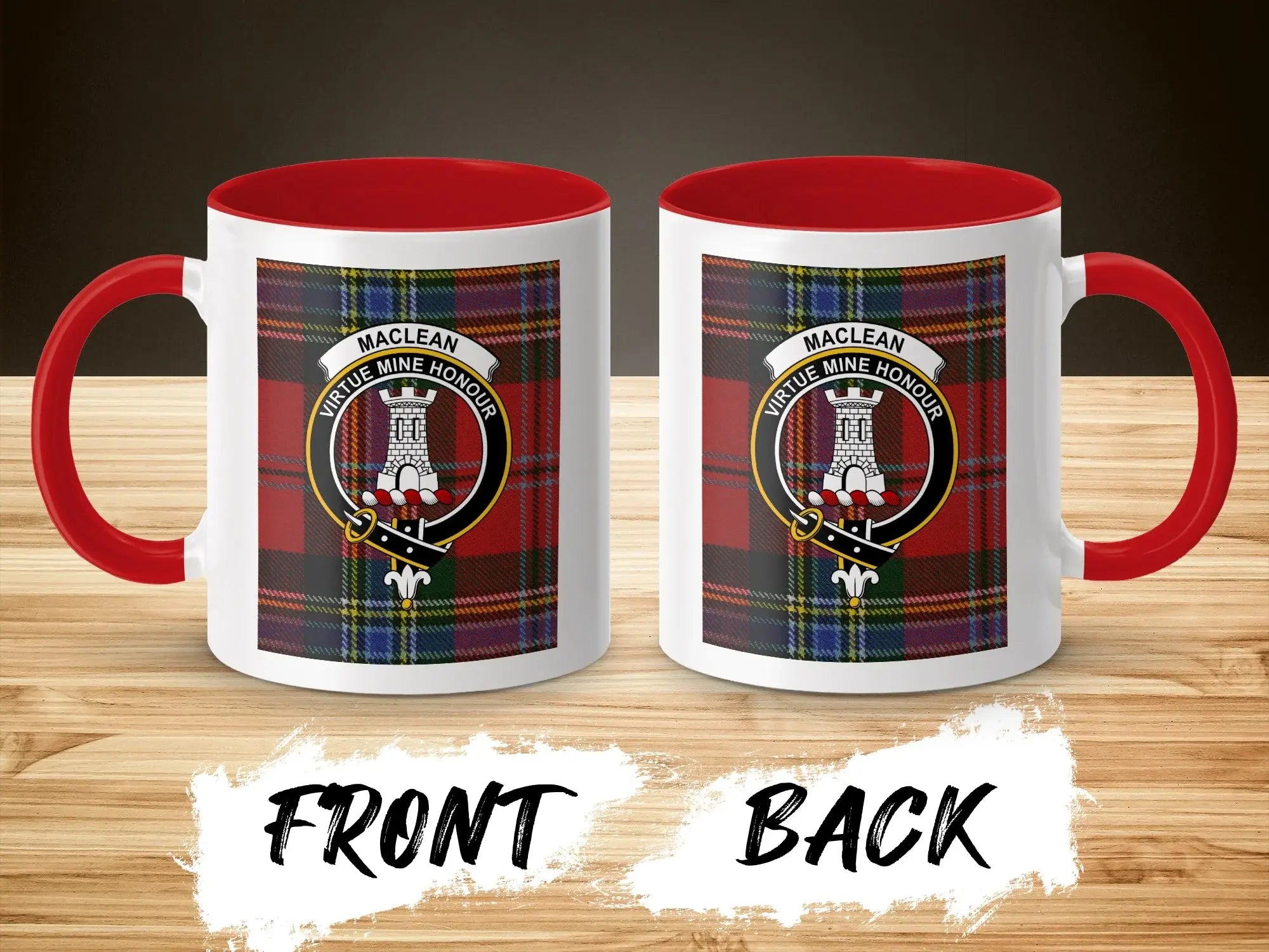 MacLean Virtue Mine Honour plaid ceramic mug — 11oz glossy ceramic with clan crest