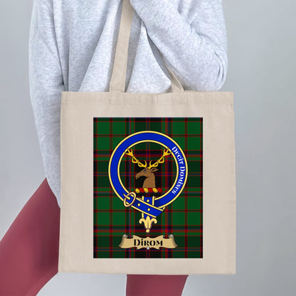 Dirom Clan Crest on Scottish Tartan Tote Bag - Living Stone Gifts