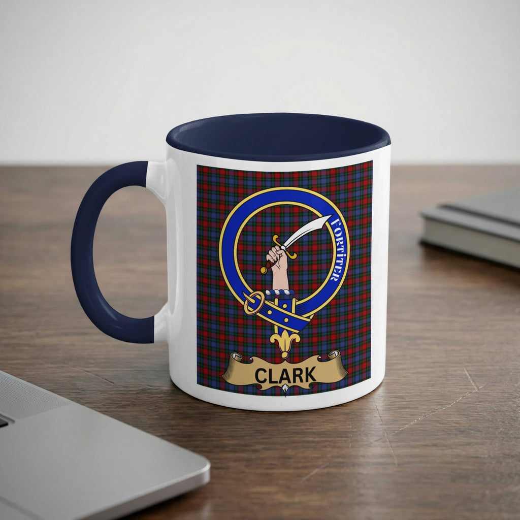 Clark family crest mug with navy handle — tartan background, Scottish heritage