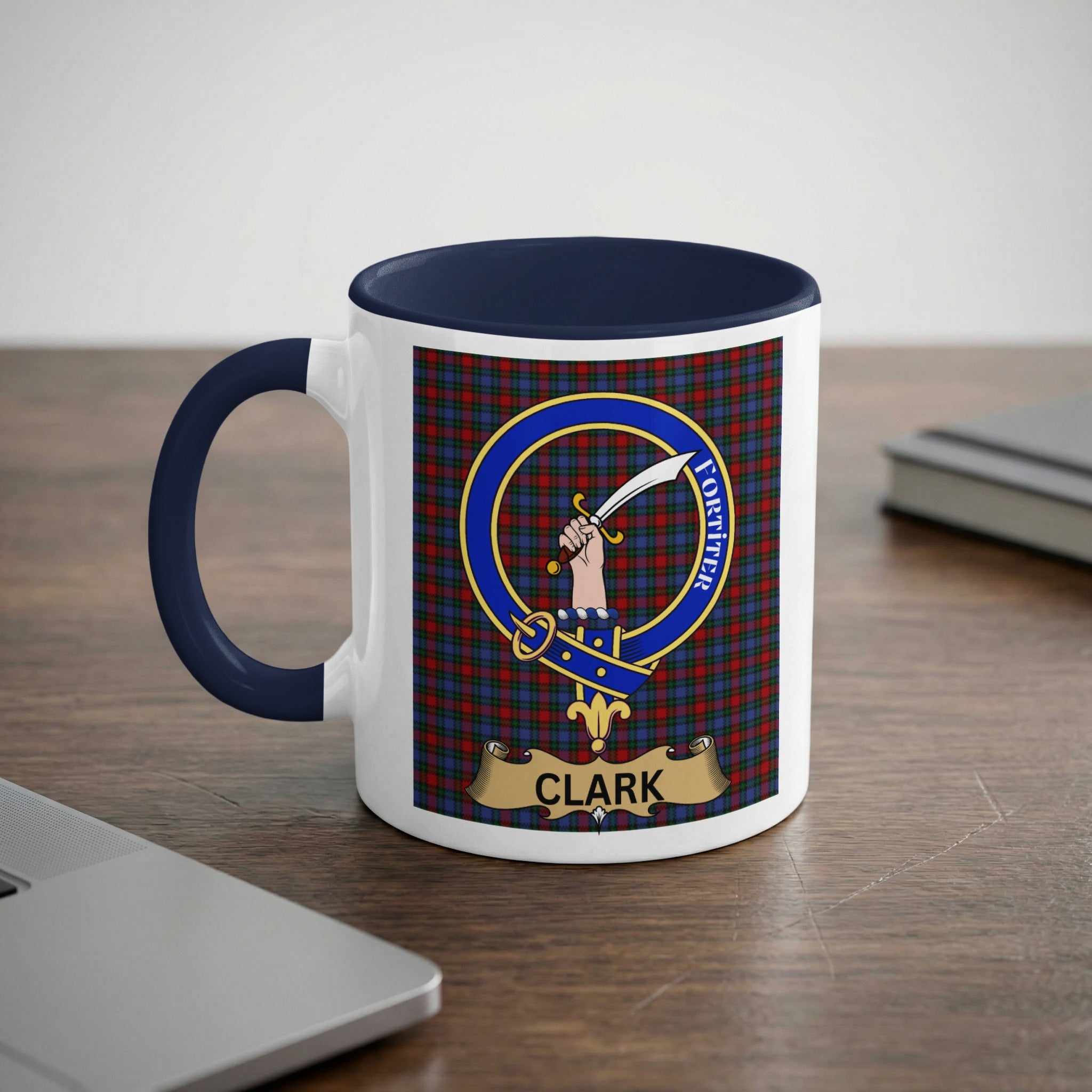 Clark family crest mug with navy handle — tartan background, Scottish heritage
