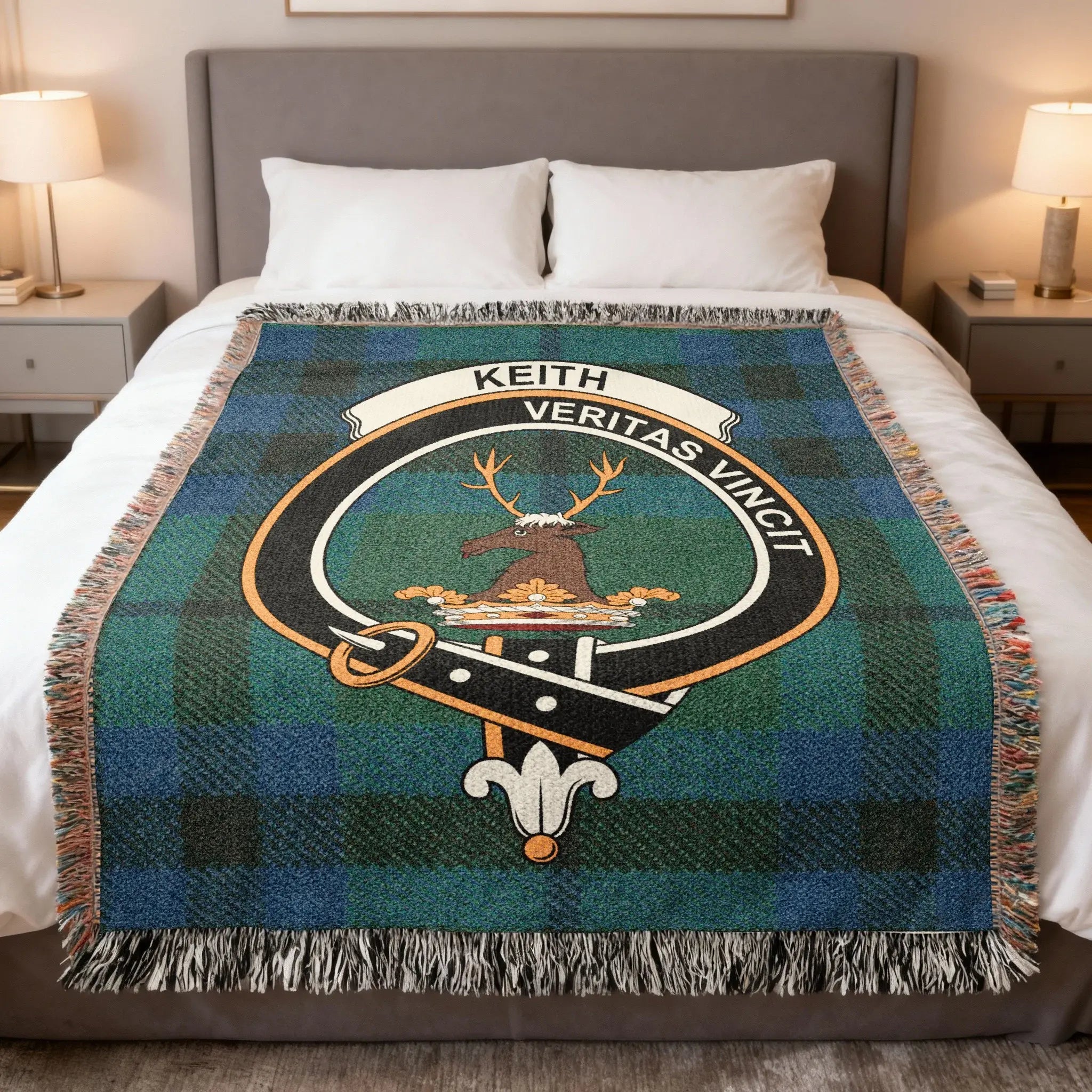Keith clan tartan woven blanket — 100% cotton with Veritas Vincit clan crest design