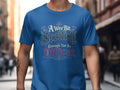 Blue t-shirt with "A Wee Bit Scottish Enough Tae Be Difficult" text and thistles.